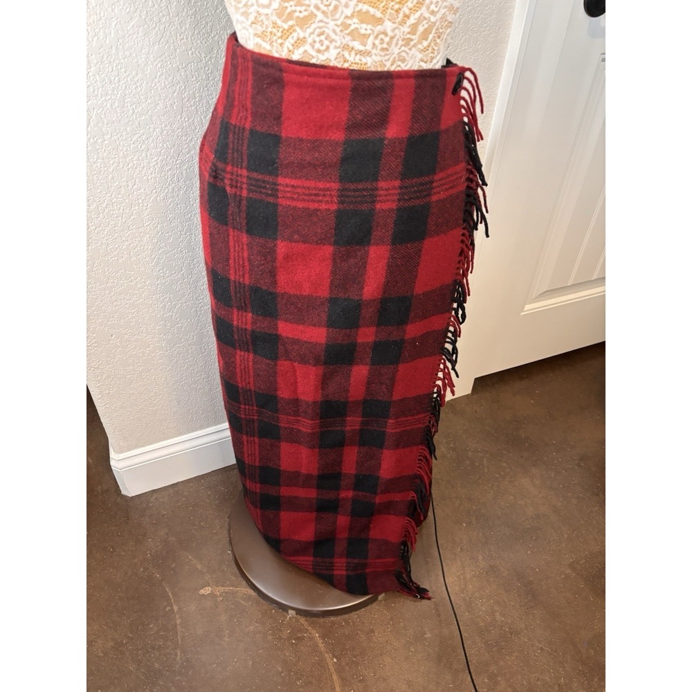 Vintage Woolrich Buffalo Plaid Wrap Maxi Skirt Fringe Red Black Women's 18